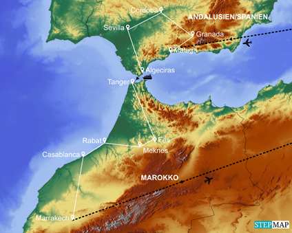 Reisekarte Mit BRreisen zu den Höhepunkten Andalusiens und den Königsstädten in Marokko
