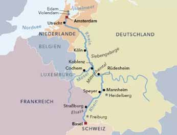Reisekarte Flusskreuzfahrt von Basel nach Amsterdam