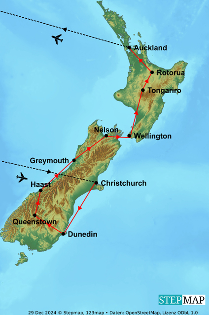 Reisekarte Besuchen Sie die Nord- und Südinsel von Christchurch bis Auckland